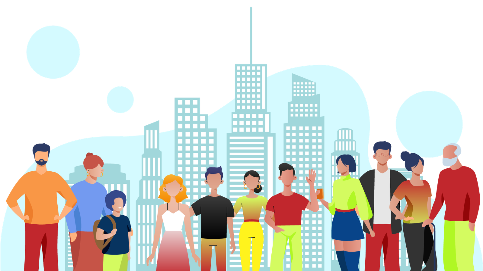 A diverse community standing together in front of a city